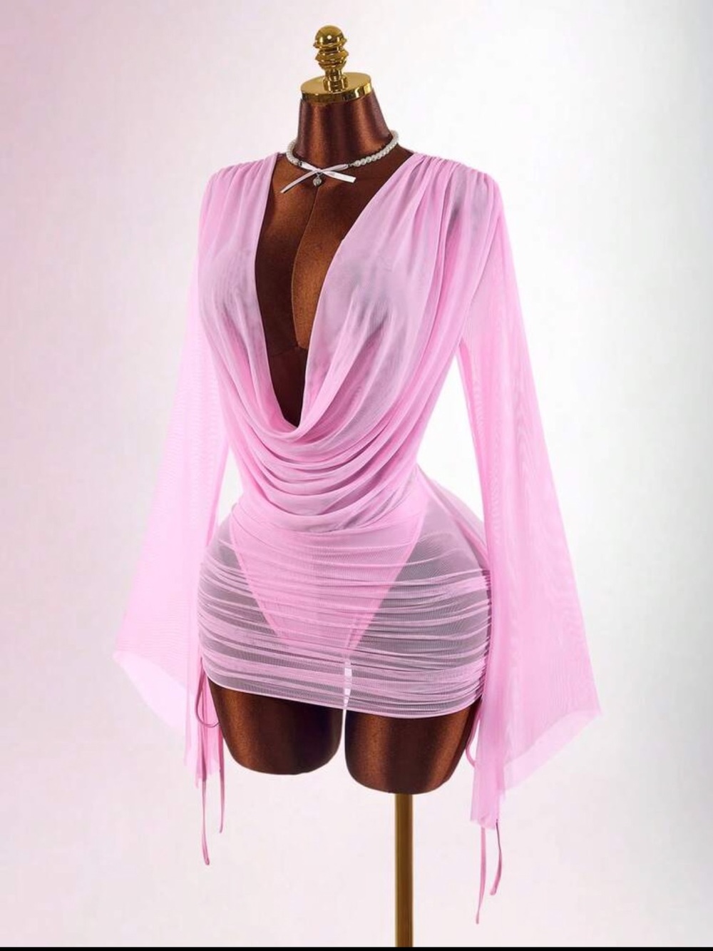 Women's Pink Sheer Draped Swim Cover-Up